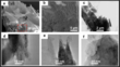 SEM and TEM images showing layered structure with stacked fibrous sheets at various magnifications from micrometers to nanometers